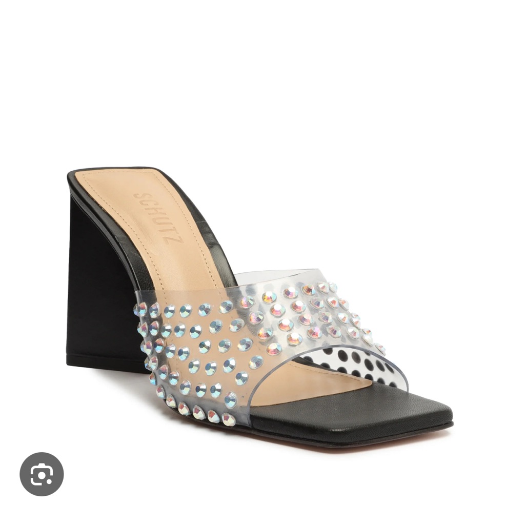 Schutz Black Square-Toe Wedge Slide With Iridescent Studs